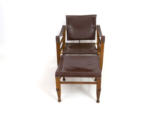 Teak Safari Chair and Ottoman in Leather from Aage Bruru Son 1960s Set of 2