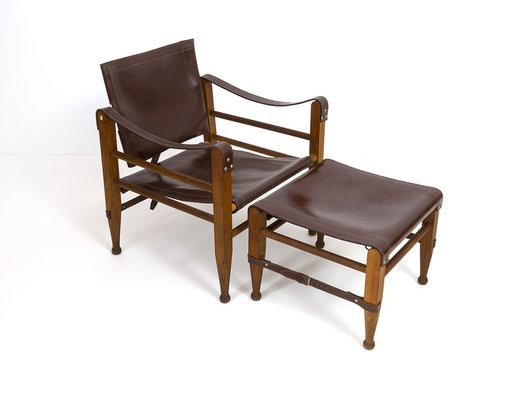 Teak Safari Chair and Ottoman in Leather from Aage Bruru Son 1960s Set of 2
