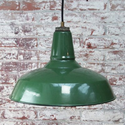 Vintage Industrial American Green Enamel Pendant Lights by Benjamin for Benjamin Electric Manufacturing Company