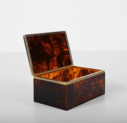 Mid-Century Acrylic Glass Tortoiseshell Effect& Brass Jewelry Box