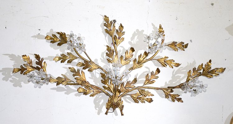 Wrought Iron Wall Sconce with Gold Leaf Decoration and Crystal Flowers for  sale at Pamono