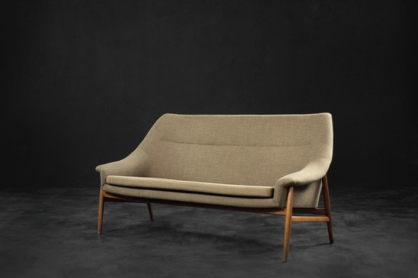 Mid Century Scandinavian Modern Two Seater Sofa in Brown Fabric
