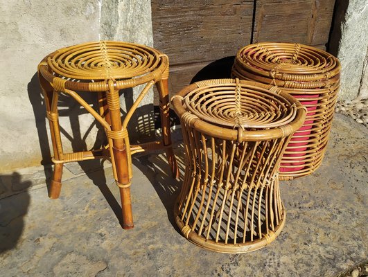 Rattan Poufs and Stools attributed to Tito Agnoli for Pierantonio Bonacina 1950s Set of 4