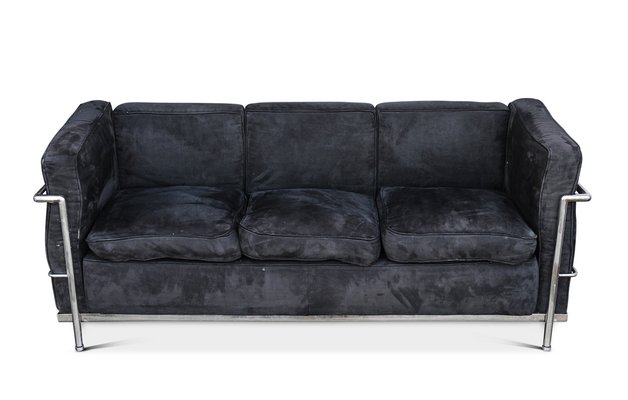 LC2 3 Seater Childrens Sofa in Black Brushed Velvet with Tubular