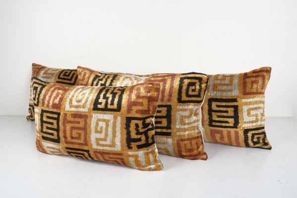 Turkish Golden Velvet Lumbar Ikat Cushion Covers, 2010s, Set of