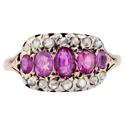 19th Century 18 Karat Ruby Diamonds Yellow Gold Silver Ring for