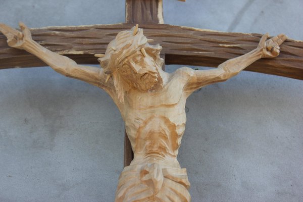 Crucified Jesus on the Cross Hand Carved Wooden Altar Sign, 1960s for sale  at Pamono