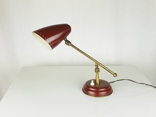 Small Mid-Century Adjustable Burgundy Metal & Brass Table Lamp, 1950s for  sale at Pamono
