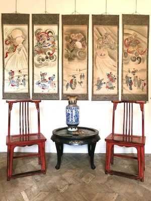 Set of 20th Century Asian Chairs in Red Lacquered Wood for sale at