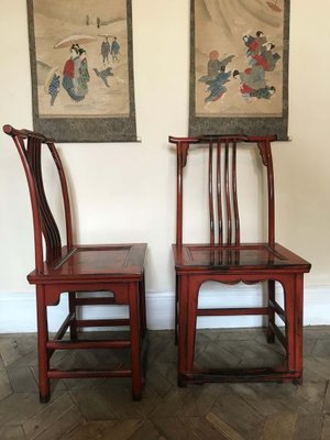 Set of 20th Century Asian Chairs in Red Lacquered Wood for sale at