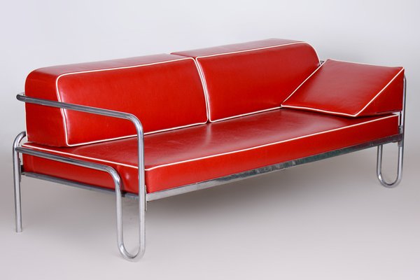 Red Bauhaus Sofa in Leather and Tubular Chrome 1930s