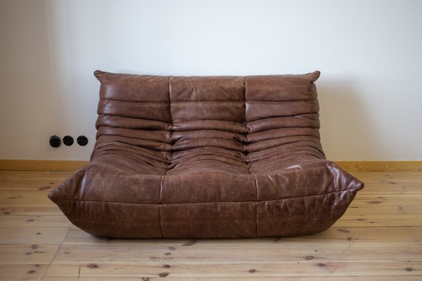 Dark Brown Leather Togo Lounge Chair and Pouf by Michel Ducaroy