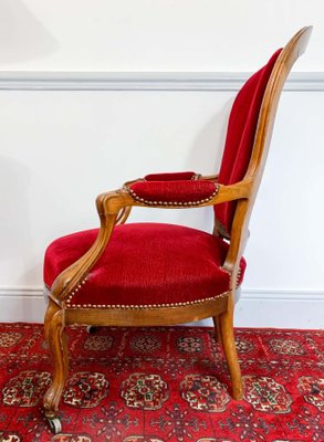 Fauteuil baroque Louis XV satiné bleu motifs Gobelins et bois doré