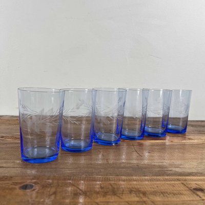 Set of Six Blue Flower Libbey Drinking Glasses