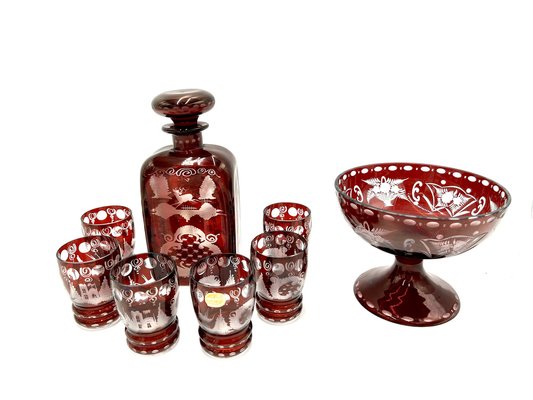 Bohemian Crystal Decanter with Six Glasses and Bowl, Czechoslovakia, 1960s,  Set of 8 for sale at Pamono