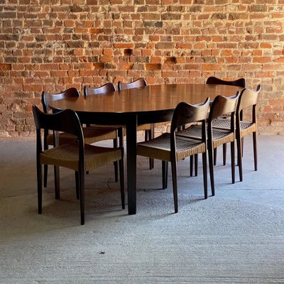Round Rosewood Dining Table Dining Chairs by Arne Hovmand Olsen for Mogens Kold 1960s Set of 9