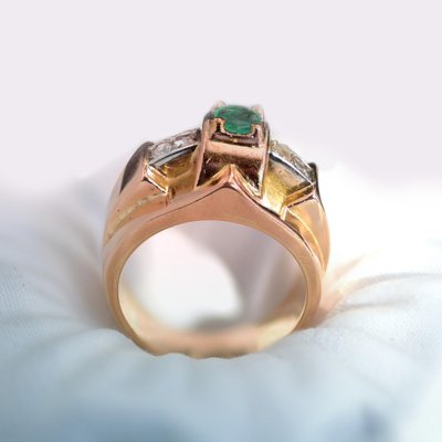 French 18 Karat Rose Gold Tank Ring with Emerald and Diamond