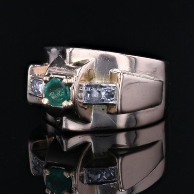 French 18 Karat Rose Gold Tank Ring with Emerald and Diamond