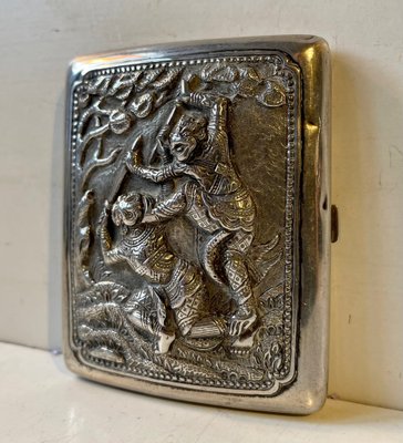 antique cigarette case uk Antique Asian Export Silver Cigarette Case with Nuo Masked Warrior Gods,  1890s
