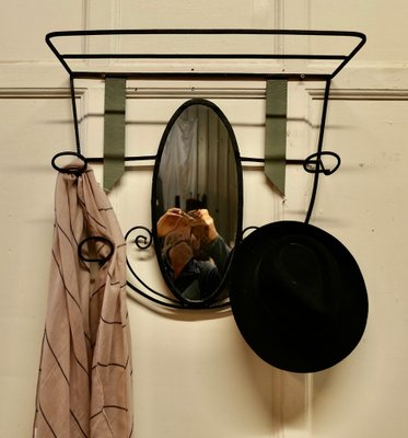 French Hat and Coat Rack with Oval Mirror in Iron and Toleware