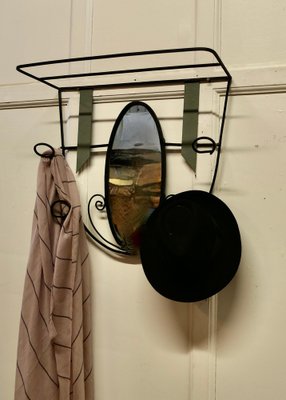 French Hat and Coat Rack with Oval Mirror in Iron and Toleware