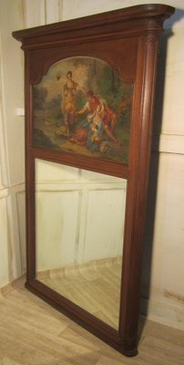 Large 19th Century French Oak Trumeau Mirror, Oil on Canvas, 1890s