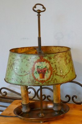 French Painted Toleware and Brass Twin Desk Lamp 1890s for sale