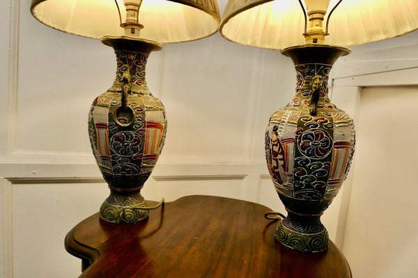Large Japanese Satsuma Lamps, 1920s, Set of 2 for sale at Pamono