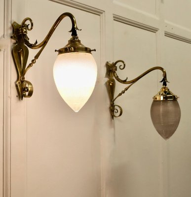 Victorian Arts and Crafts Brass Swan Neck Wall Lights, Set of 2