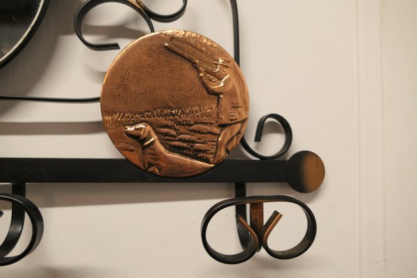 French Iron and Copper Hall Coat Hooks with Mirror, 1950 for sale at Pamono