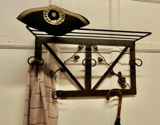 Art Deco French Iron Hat and Coat Rack with Shelf Decorated with