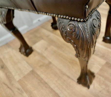 19th Century Chesterfield Carved Walnut Leather Library Stool