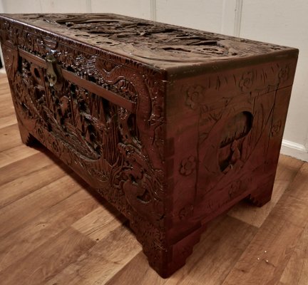 Large Carved Oriental Camphor Wooden Chest, 1960 for sale at Pamono