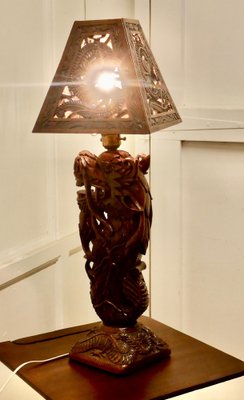 Oriental Folk Art Carved Teak Dragon Lamp, 1930s for sale at Pamono