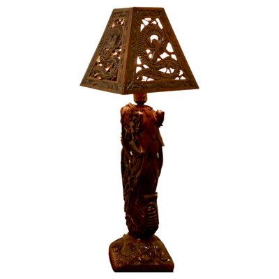 Oriental Folk Art Carved Teak Dragon Lamp, 1930s for sale at Pamono