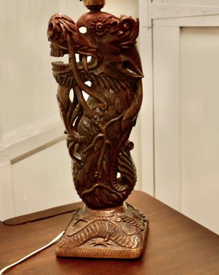 Oriental Folk Art Carved Teak Dragon Lamp, 1930s for sale at Pamono