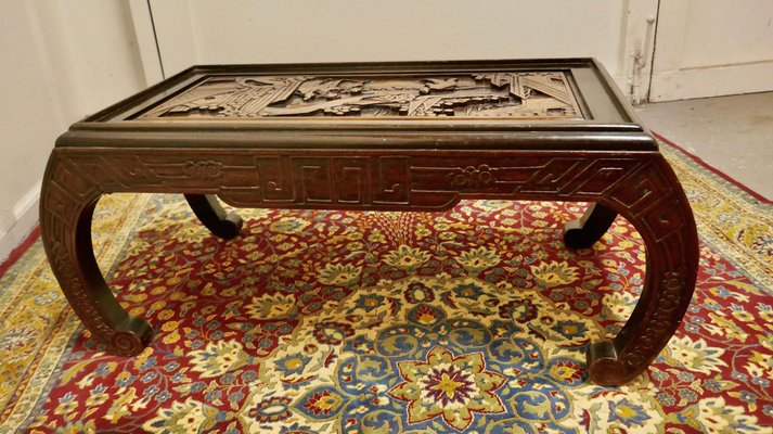 Oriental hand carved oval coffee table with 6 stools deals