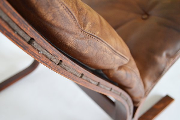 Vintage Cognac Brown Leather Siesta Chair Ottoman by Ingmar Relling for Westnofa 1960s Set of 2