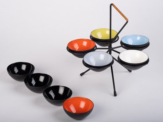 Vintage Enameled Steel Krenit Bowls with Stand by Herbert Krenchel