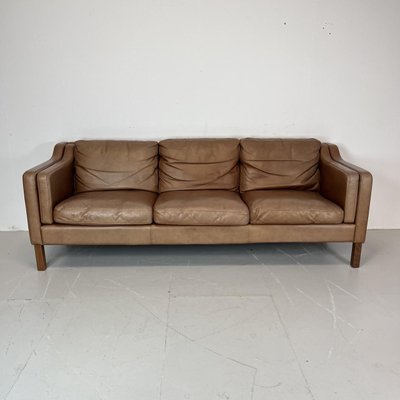 3 Seater Camel Brown Leather Sofa in the style of Mogensen 1970s