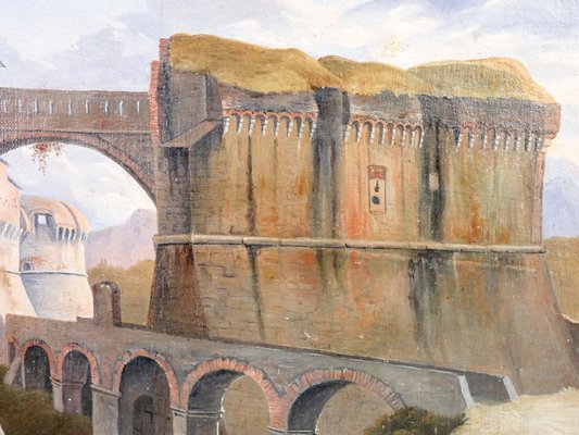 Italienischer Künstler, Schloss mit Brücke und Wällen, 1800, Öl