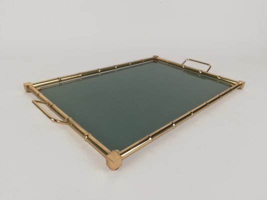 Italian Hollywood Regency Tray in Brass, Faux Bamboo and Fumè Glass, 1970s  for sale at Pamono