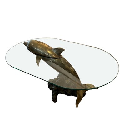 Mid Century French Brass and Glass Dolphin Coffee Table 1960s