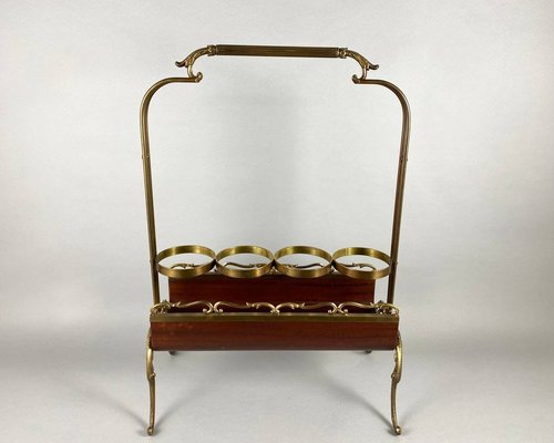 Vintage Art-Nouveau French 4-Bottle Holder with Brass Handle and