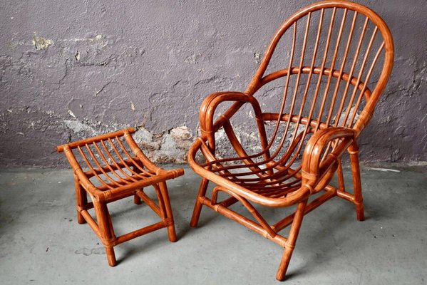 Rattan Armchair with Ottoman 1970s Set of 2 for sale at Pamono