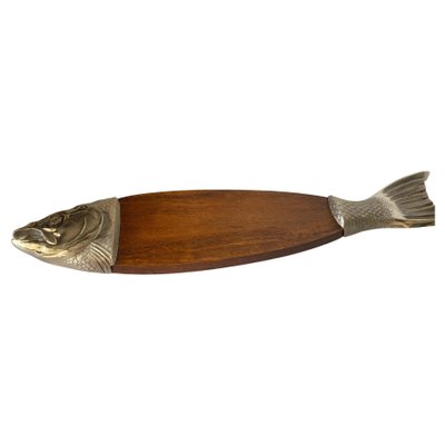 1970s Large Wood and Metal Fish Cutting Board and Server