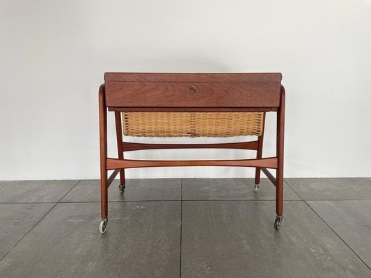 Mid Century Modern Danish Teak Sewing Table with Wicker Basket 1960s