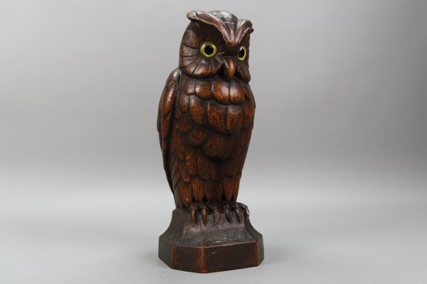 German Hand-Carved Oakwood Owl Sculpture with Glass Eyes, 1930s