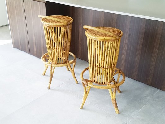 Mid Century Modern Italian Rattan Bar Stools 1960s Set of 2 for
