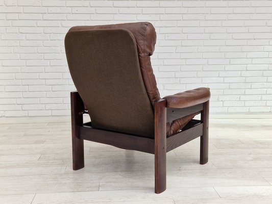 Scandinavian Adjustable Lounge Chair in Brown Leather and Oak